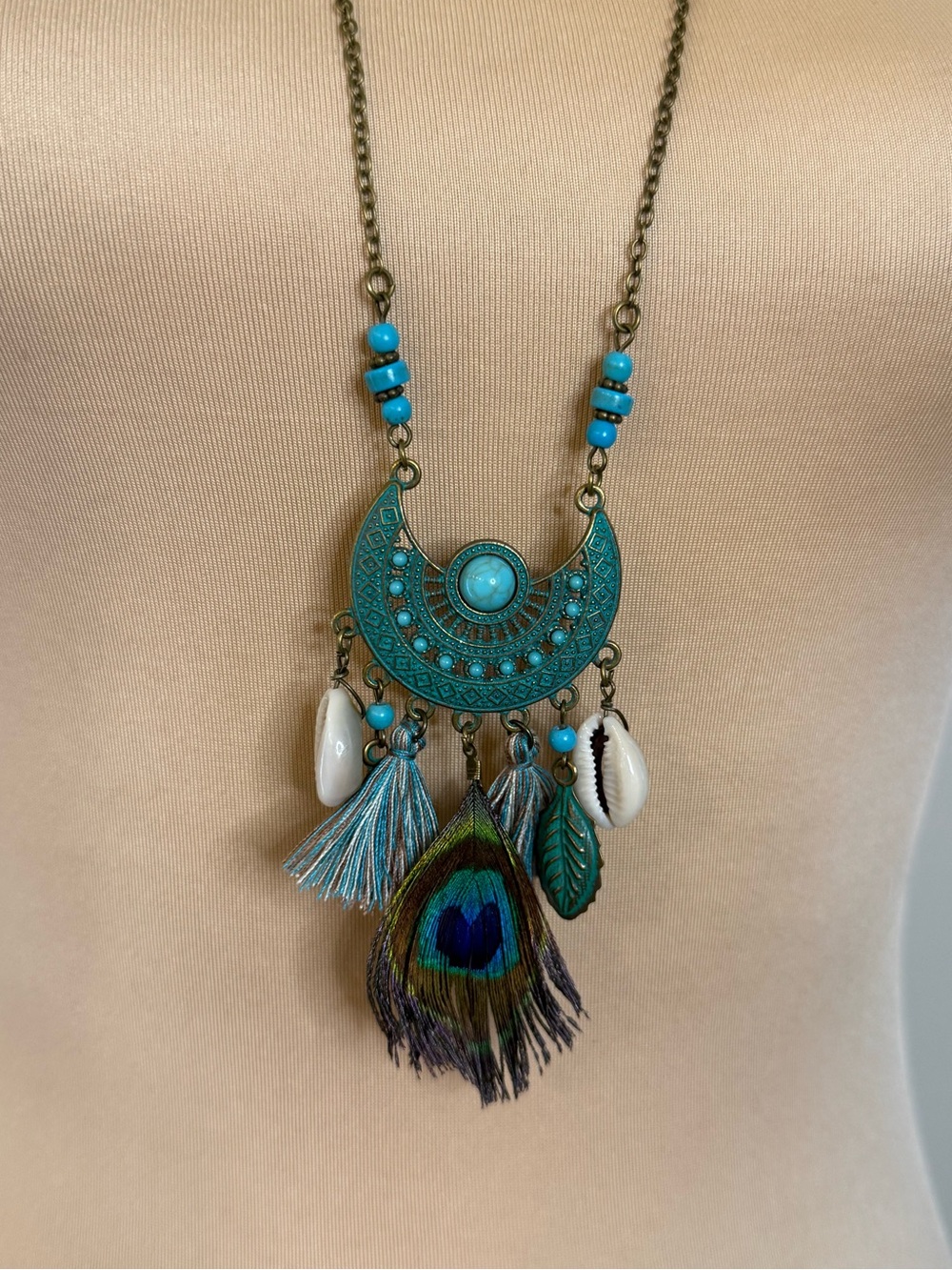 Coastal Cowgirl necklace peacock feather seashell embellishments 18” - Picture 1 of 8